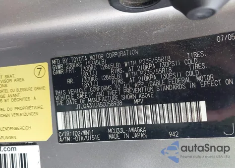 2005 Lexus Rx 330 z USA, uszkodzony, nr VIN JTJGA31U450058938